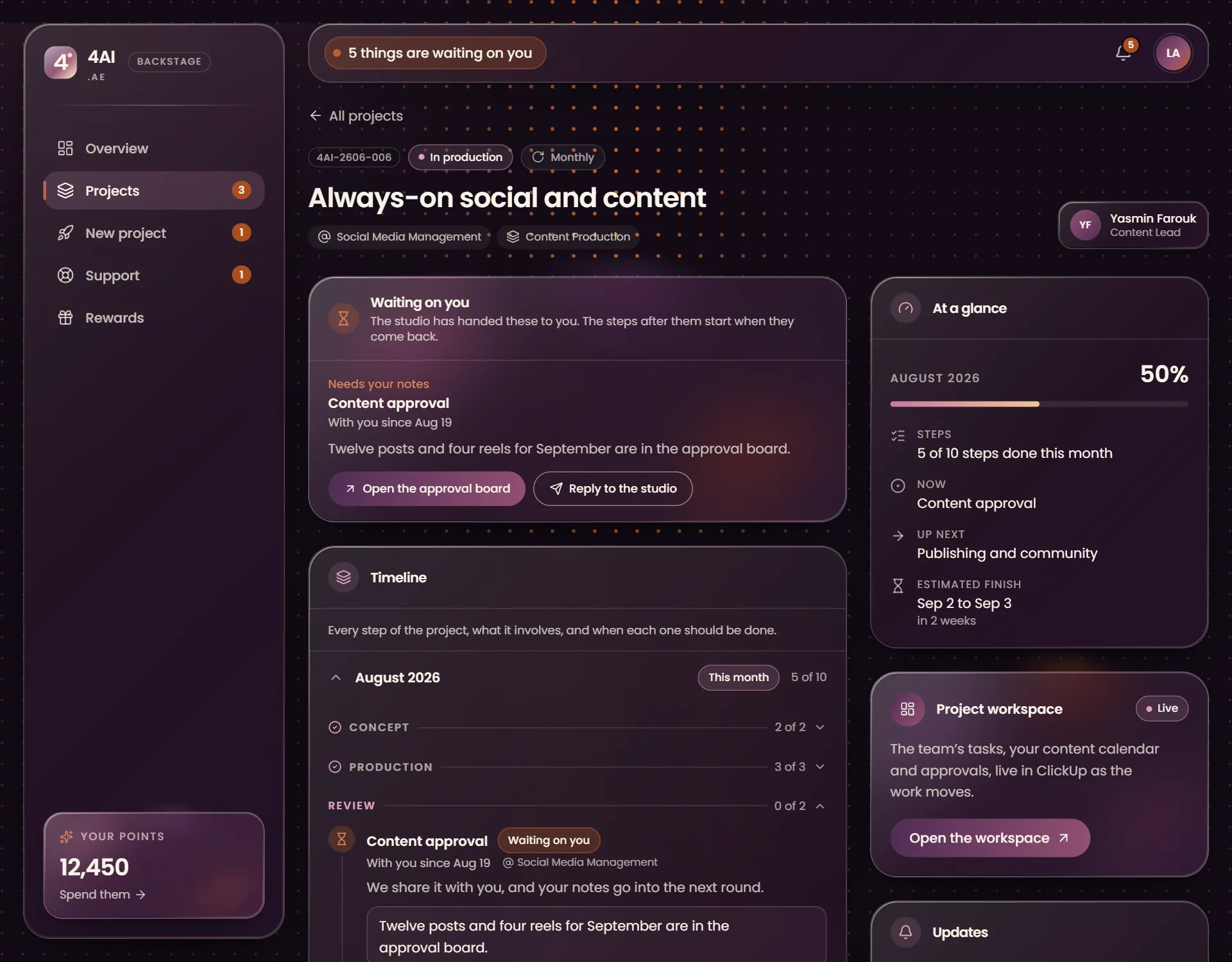 A monthly project in Backstage: this month's steps, a content approval waiting on the client and the ClickUp workspace
