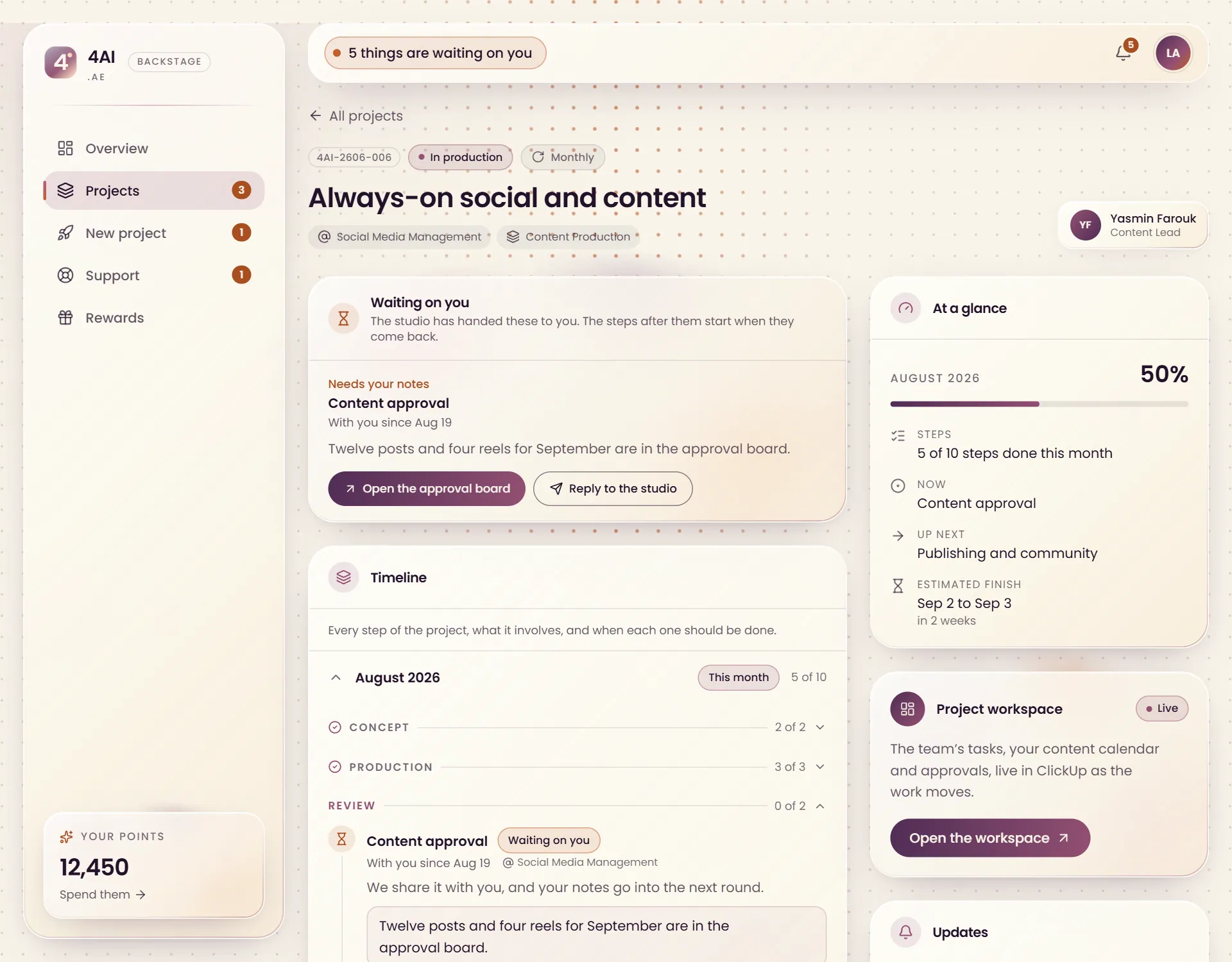A monthly project in Backstage: this month's steps, a content approval waiting on the client and the ClickUp workspace