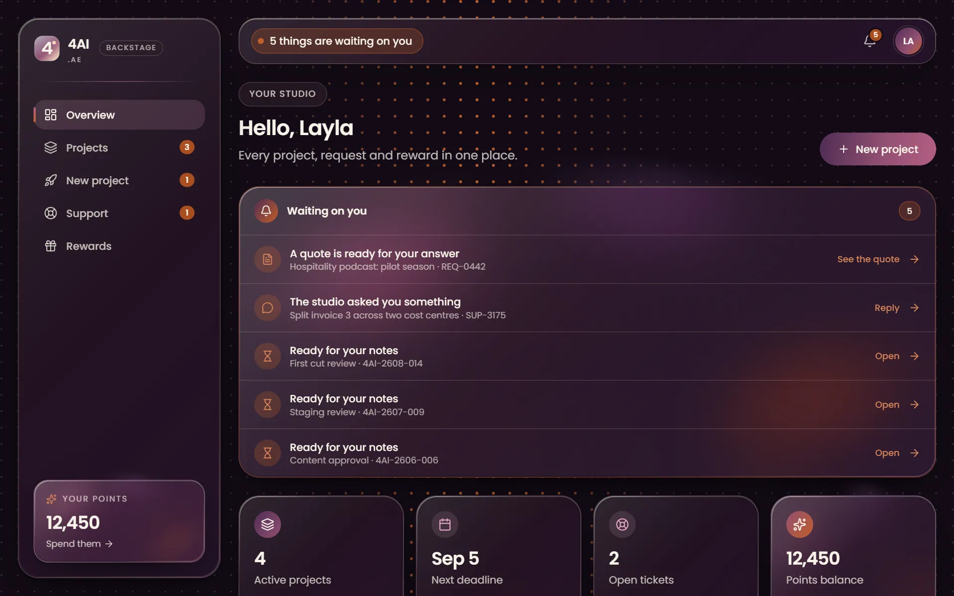 The Backstage overview: what is waiting on the client, active projects, the next deadline and the points balance