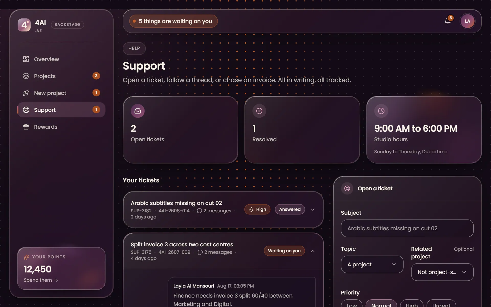 Support tickets in Backstage, with a thread between the client and the studio