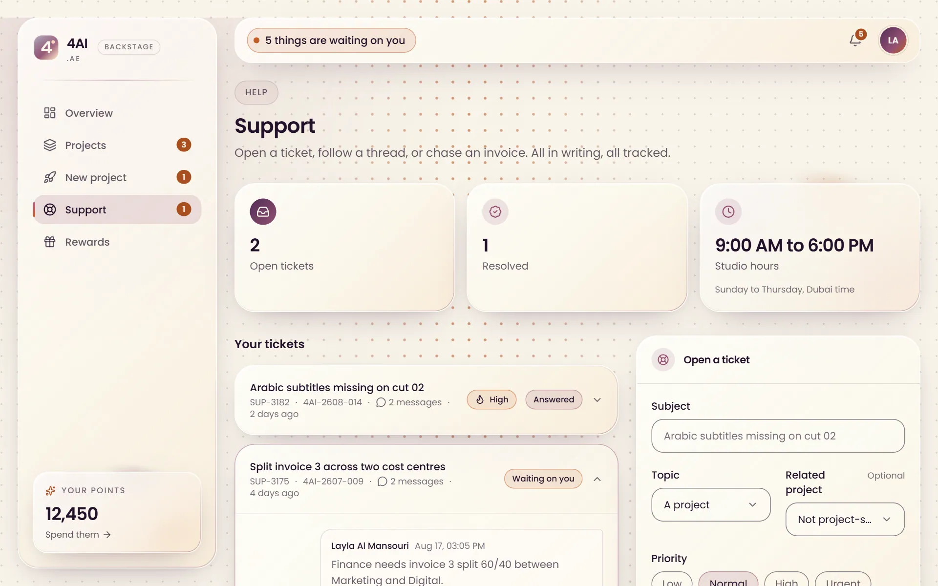 Support tickets in Backstage, with a thread between the client and the studio