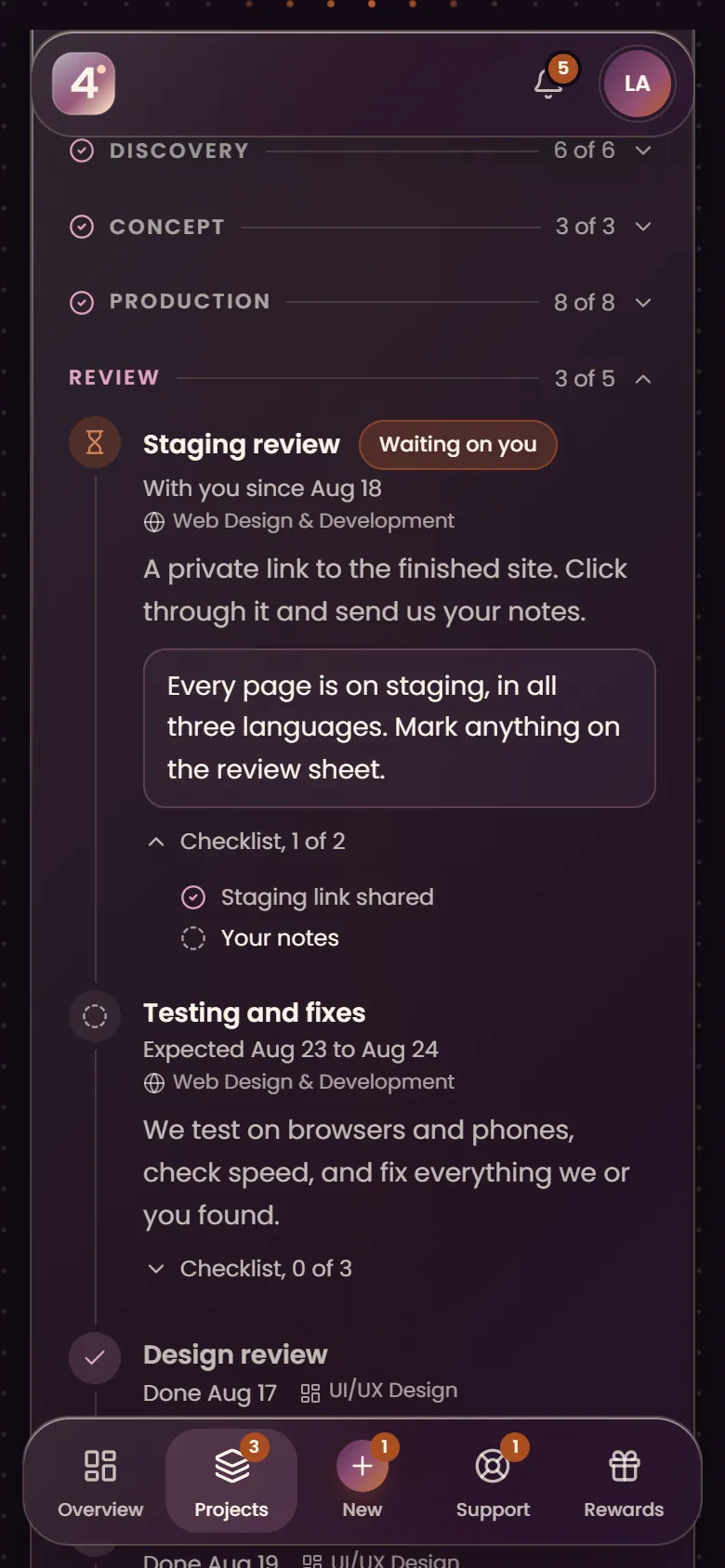 Backstage on a phone: a project timeline with a staging review waiting on the client