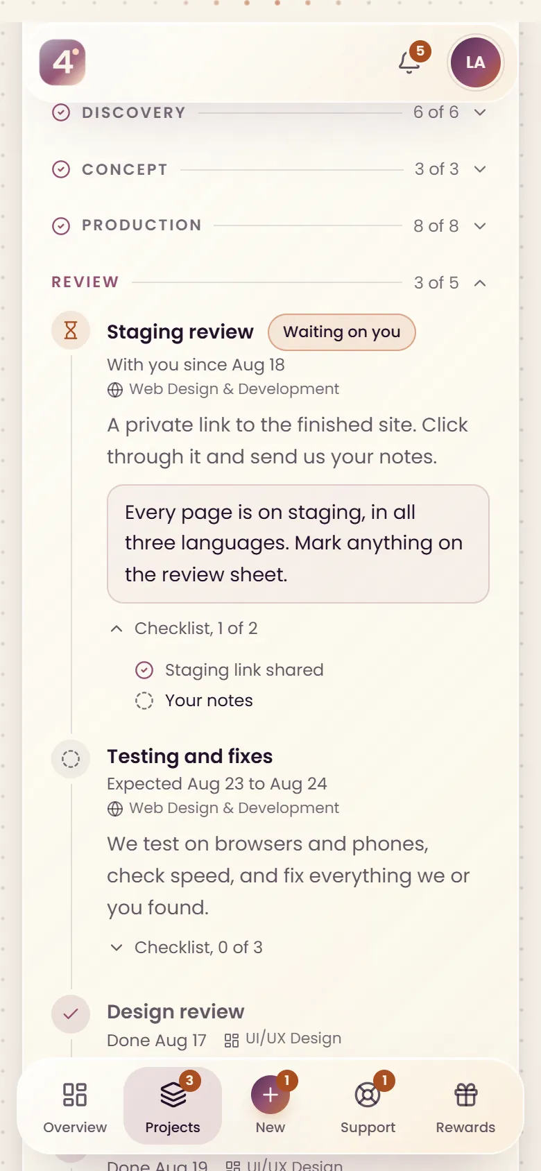 Backstage on a phone: a project timeline with a staging review waiting on the client