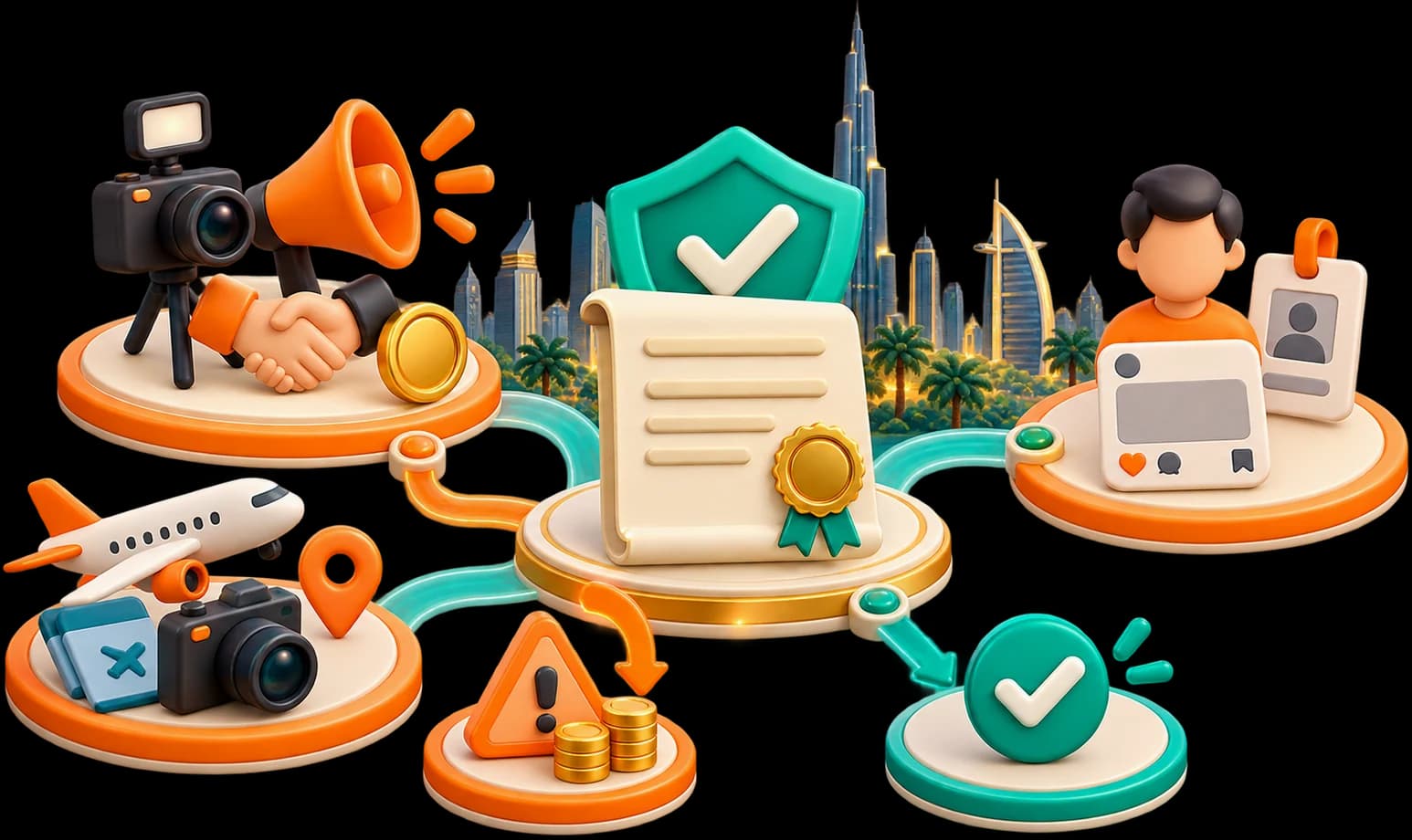 Illustration: a permit certificate under a shield against the Dubai skyline, linked to the situations the guide covers (paid creator content, staff and personal accounts, visiting influencers, fines, and staying compliant).