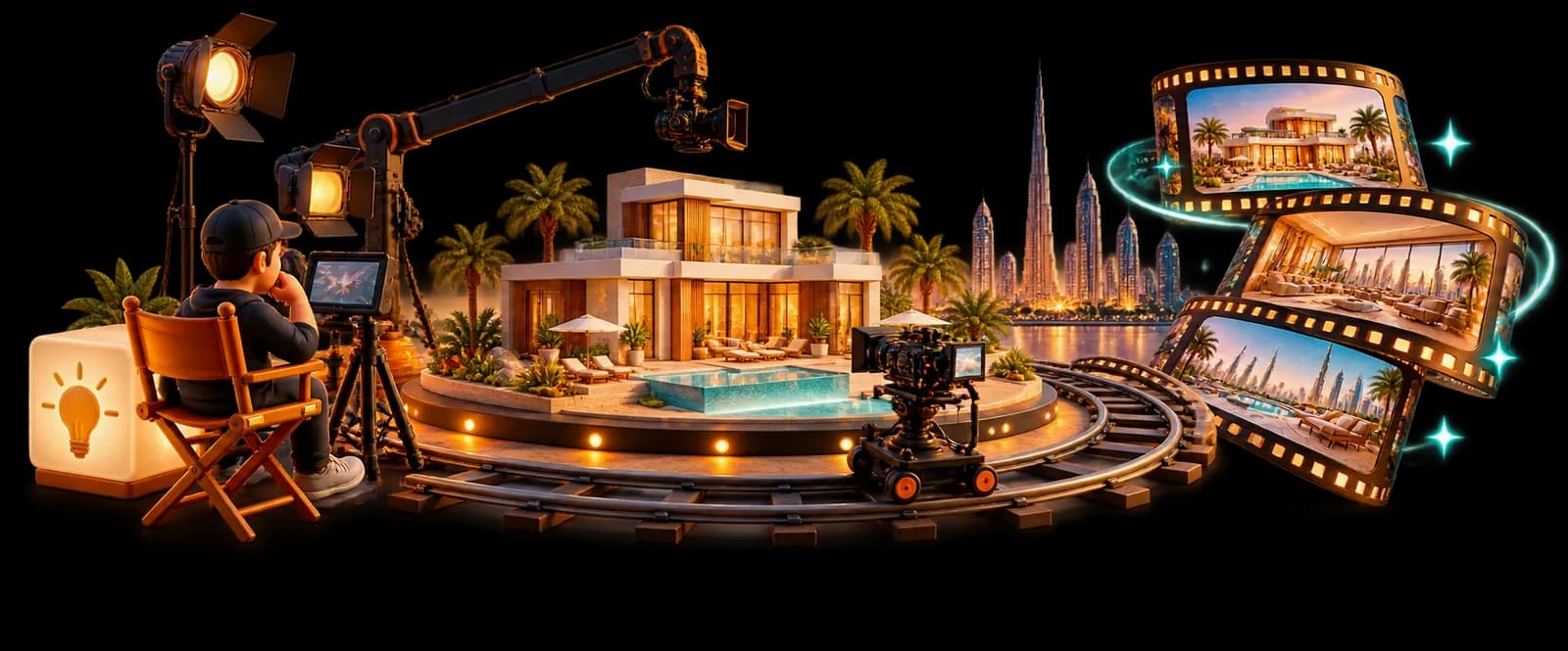 Illustration: a villa on a turntable under film lights and a crane camera, a director watching from his chair, and strips of finished frames beside the Dubai skyline.