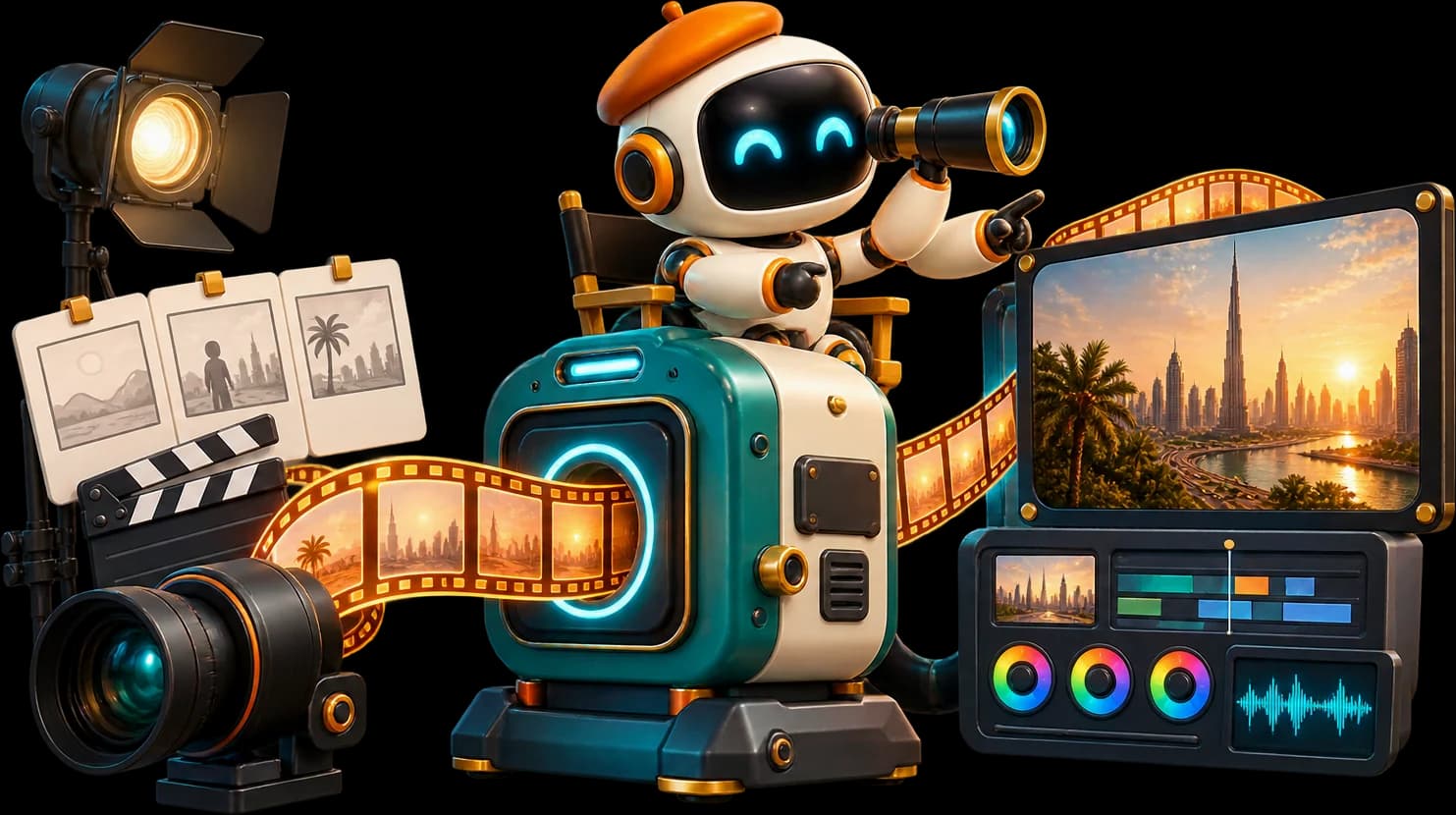 Illustration: a robot director in a director’s chair frames the shot, with storyboards and a clapperboard before the camera and an edit desk with colour grading and sound after it (the work that happens before and after generation).
