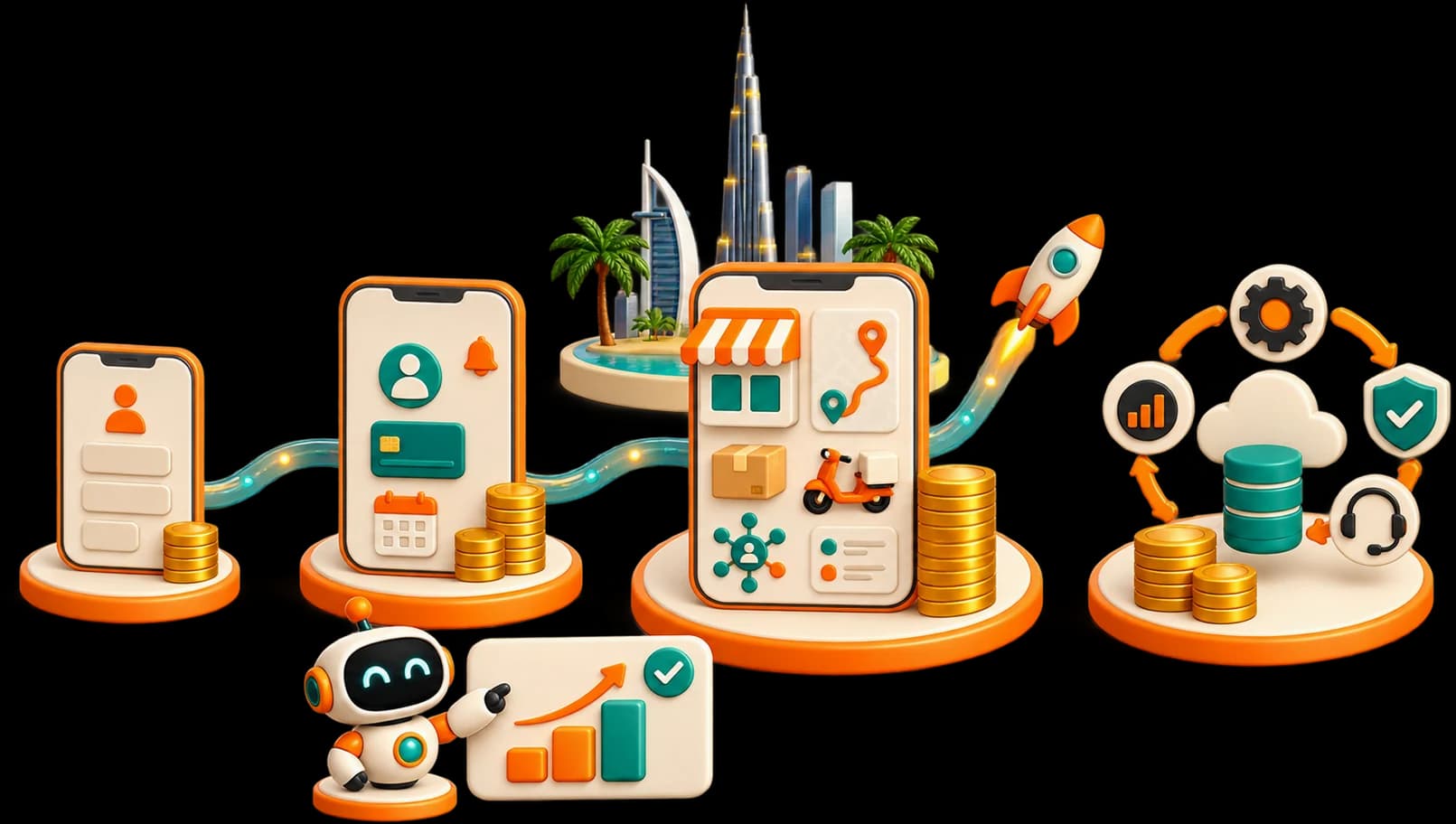 Illustration: apps growing from a simple first version to a booking app and a delivery platform, each with a taller stack of coins, beside the running costs that start at launch (hosting, security, updates and support).