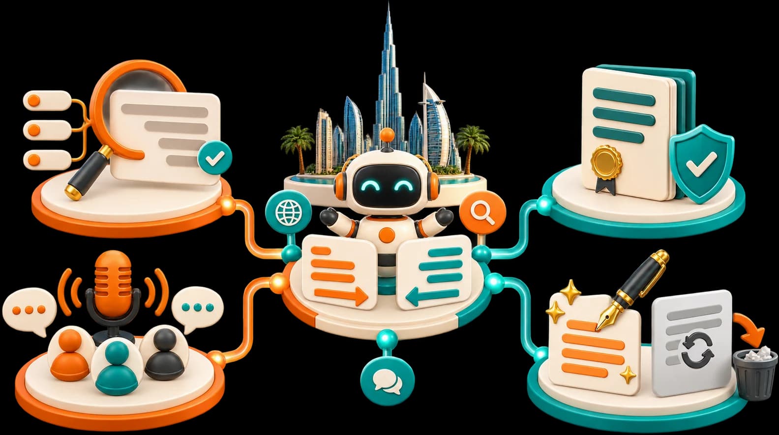 Illustration: a robot between an Arabic and an English message, linked to what the guide weighs (search in each language, voice and audience, the documents that must be in Arabic, and native copy written fresh rather than translated).