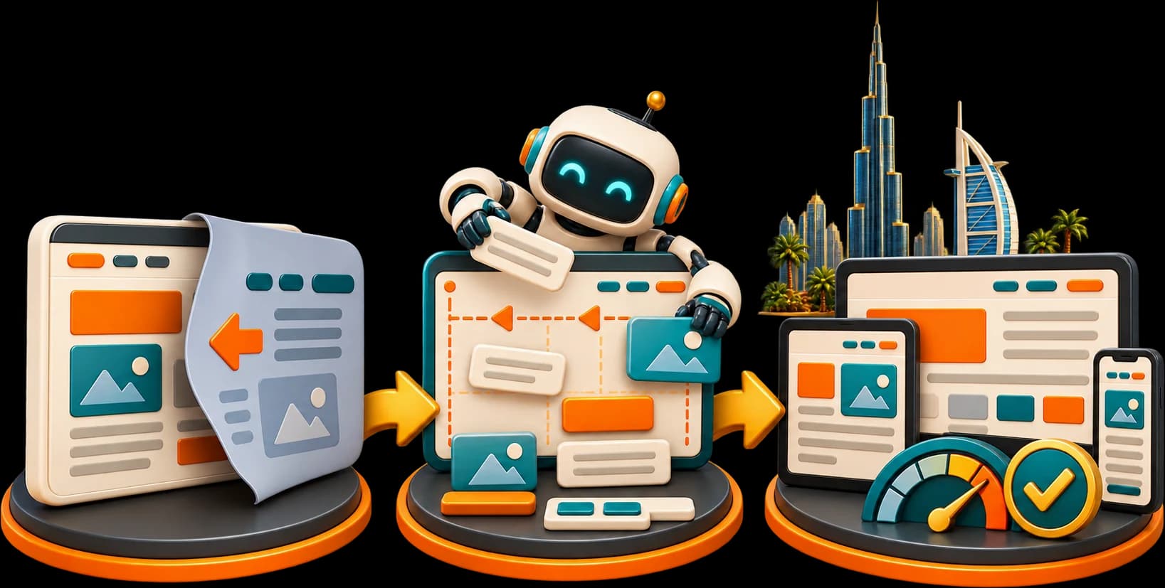 Illustration: an English page with a translated sheet laid over it, a robot rebuilding the layout right to left, and the finished site on desktop, tablet and phone with a fast load gauge, over Dubai.