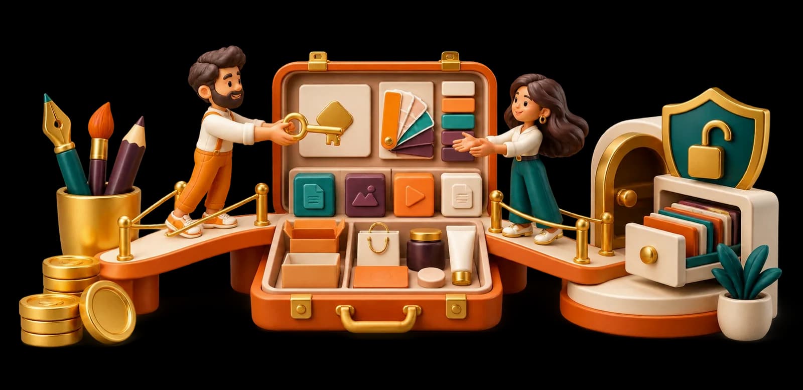 Illustration: a designer handing a key across an open case of brand assets to the owner, with a safe and an unlocked padlock on a shield behind them.