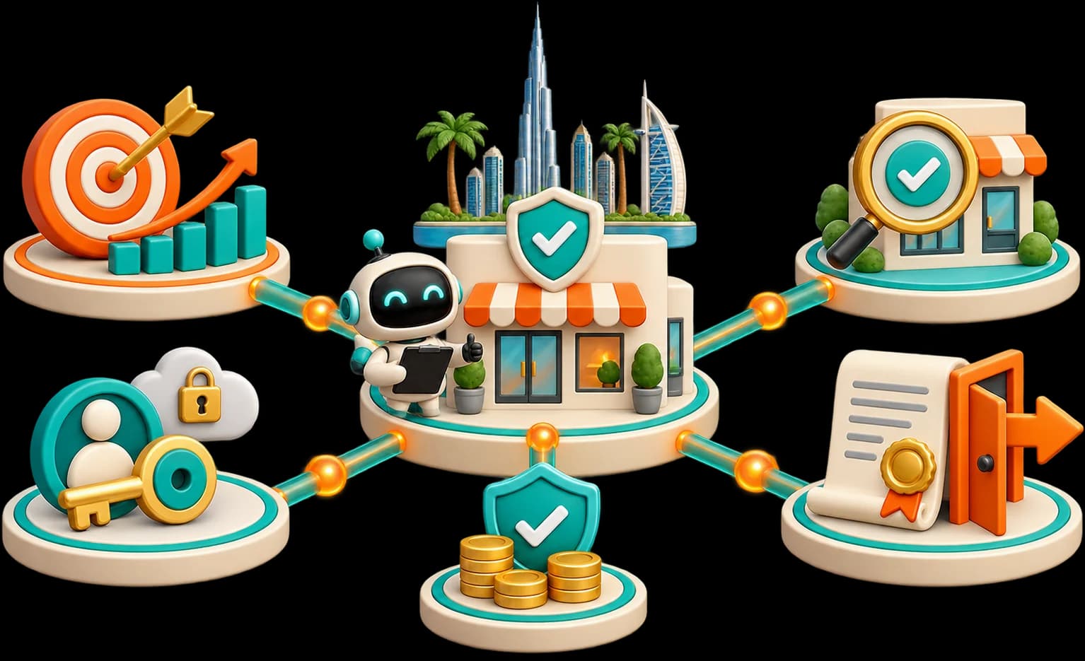 Illustration: a verified agency storefront at the centre of the checks the guide recommends (a target you judge it on, a licence that holds up, accounts and keys kept in your name, payment protection, and an exit written into the contract).