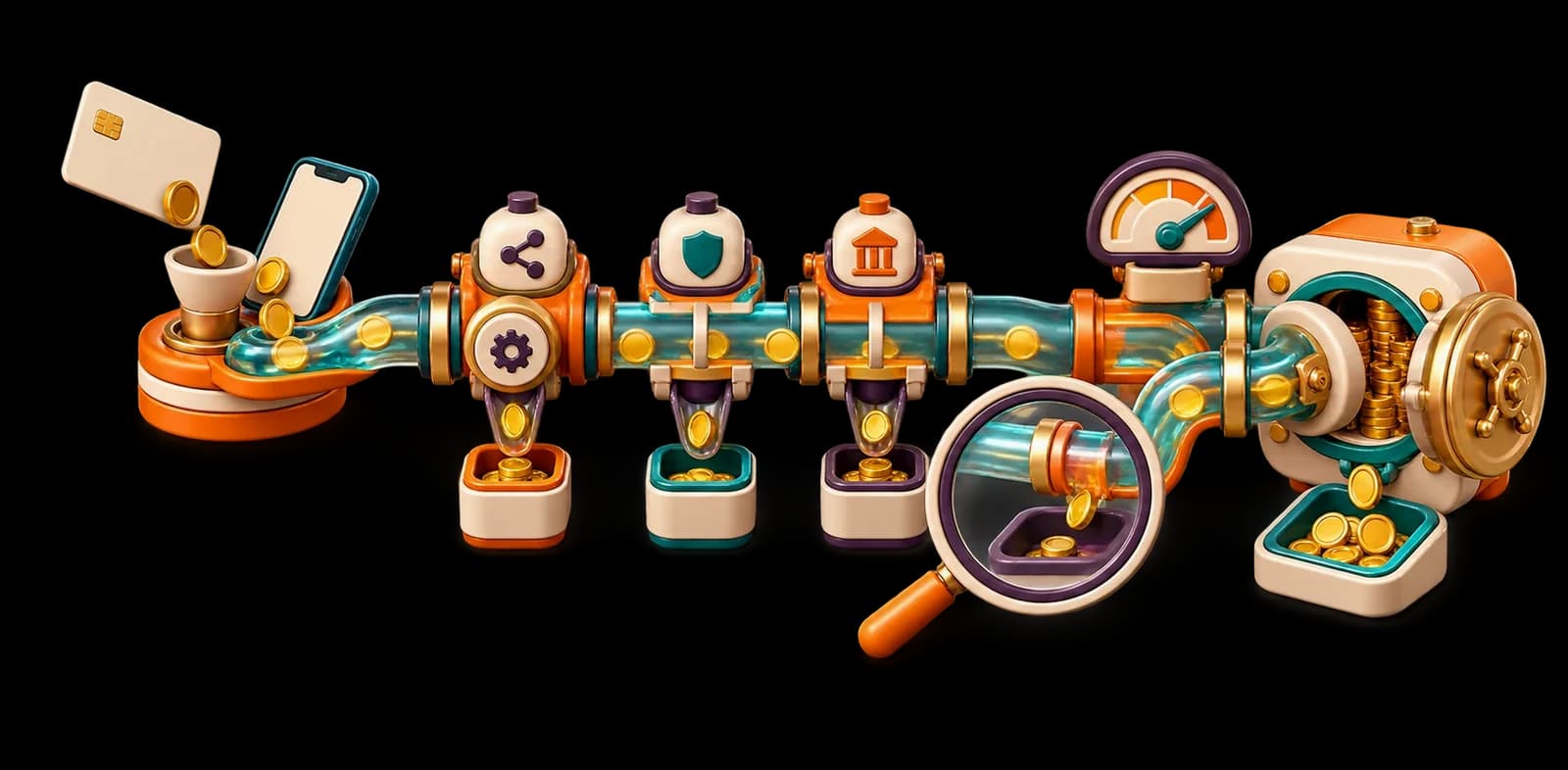 Illustration: a card and a phone pouring coins into a pipeline whose valves each drop a few into their own tray before the rest reach the vault.