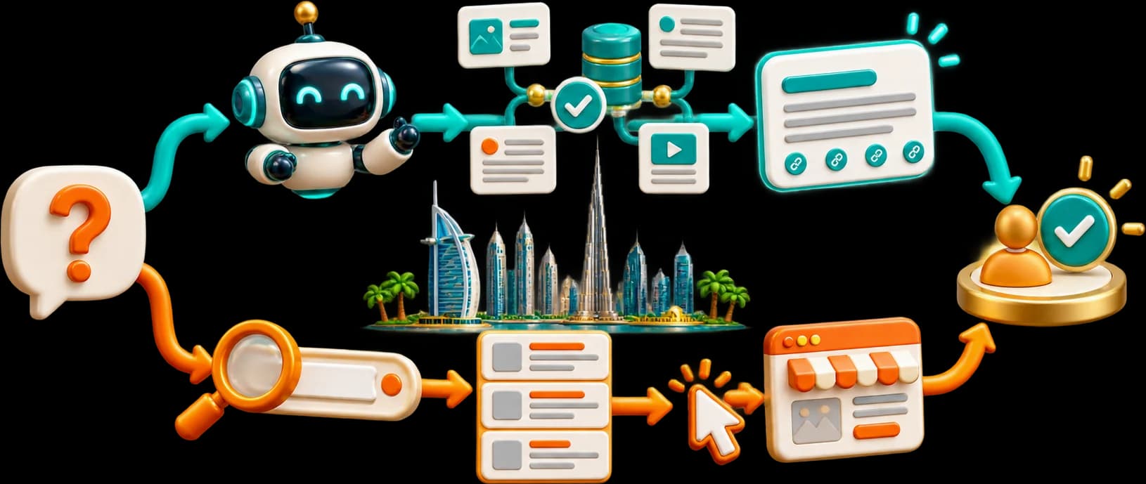 Illustration: one question reaching a customer by two routes (the search route through a query, ranked results, a click and a website, and the AI route, where an assistant draws on verified sources and answers with cited links).