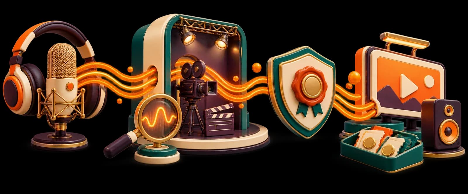 Illustration: a microphone and headphones feeding a lit set where a camera and clapperboard stand, on through a seal on a shield, out to a video player and speakers.