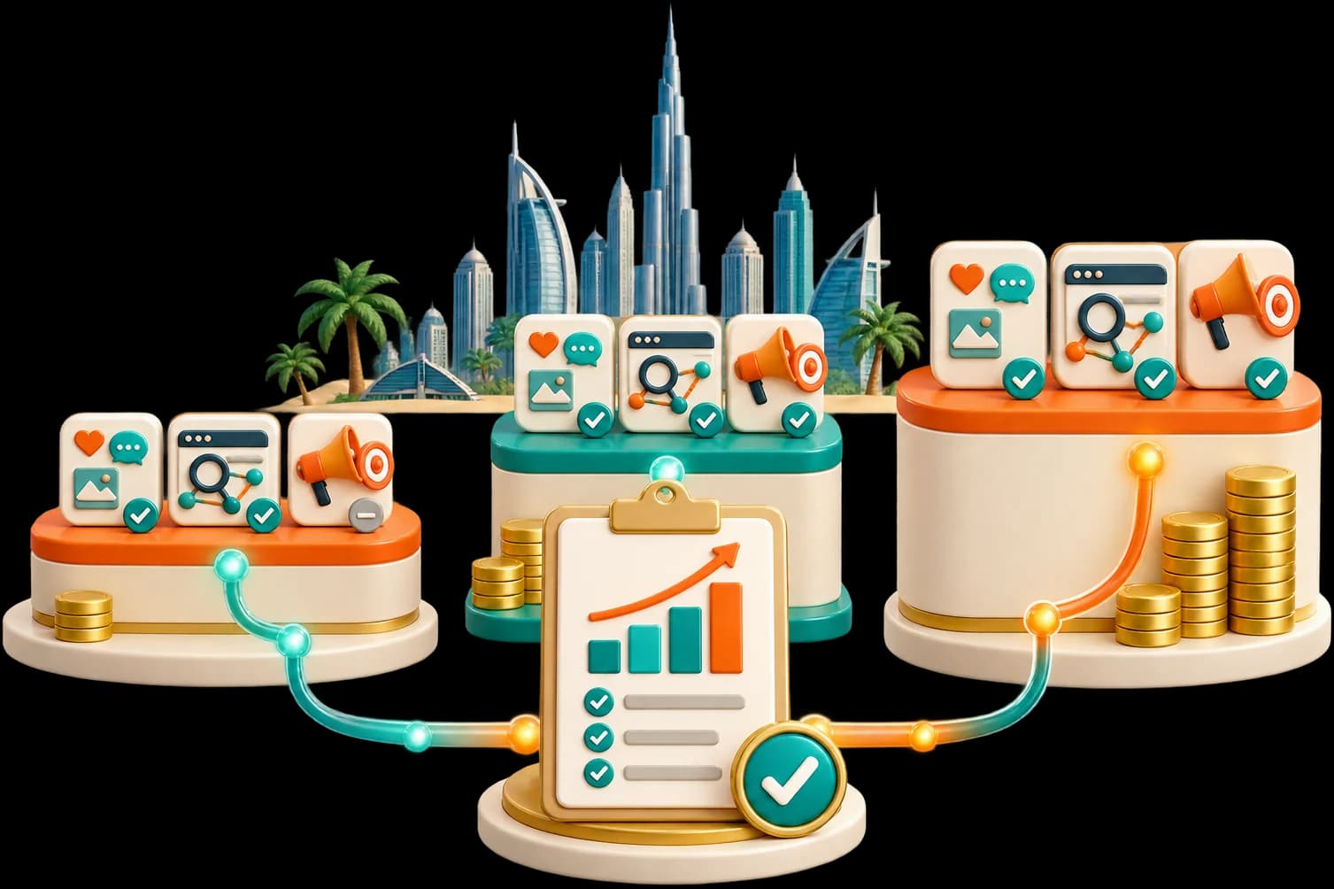 Illustration: three retainer tiers on podiums of rising price, each with social media, SEO and ads blocks, feeding one monthly report, with the Dubai skyline behind.