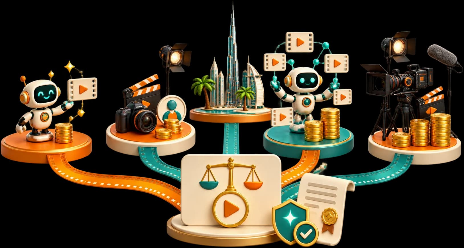 Illustration: four ways to make a video ad in Dubai (AI tools, a freelancer with a camera, a studio AI production and a full live-action crew), each with its own pile of coins, weighed against each other, with the permit and AI-label rules beside them.