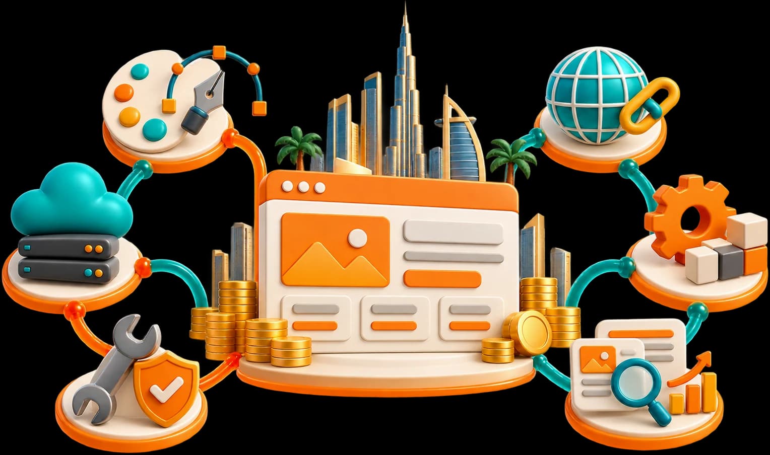 Illustration: a website at the centre of the Dubai skyline, linked to what its price covers (design, hosting, maintenance and security, domain, integrations, and search).