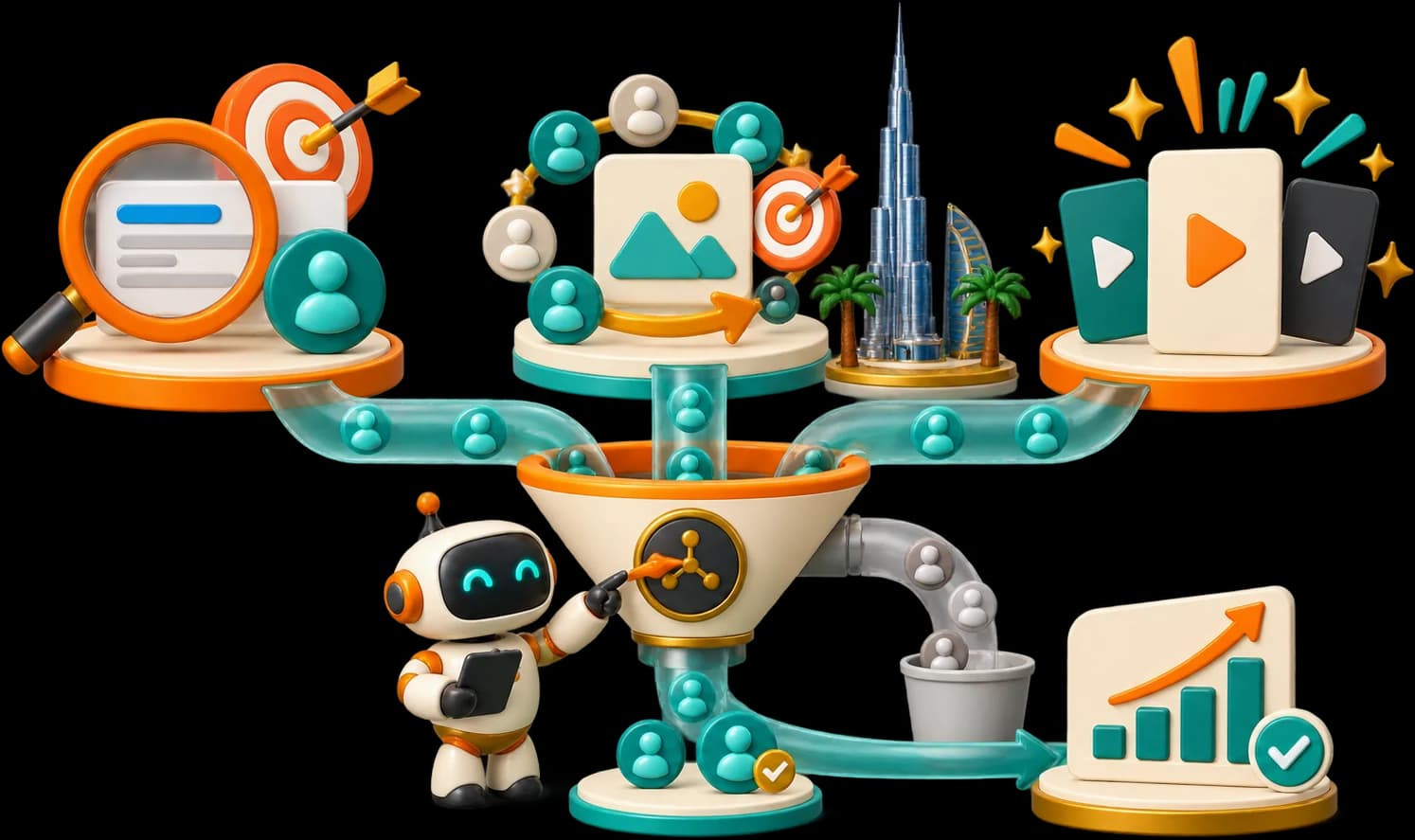 Illustration: search, social and short-video platforms feeding one lead funnel, where a robot filters out poor-quality leads into a bin and passes qualified ones on to growth.