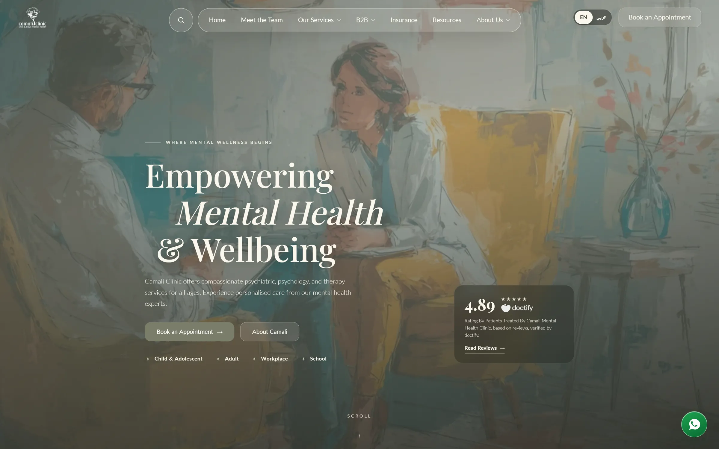 الصفحة الرئيسية لـ Camali Clinic: عنوان «Empowering Mental Health & Wellbeing» فوق لوحة مرسومة لمعالج ومريض يتحدثان.