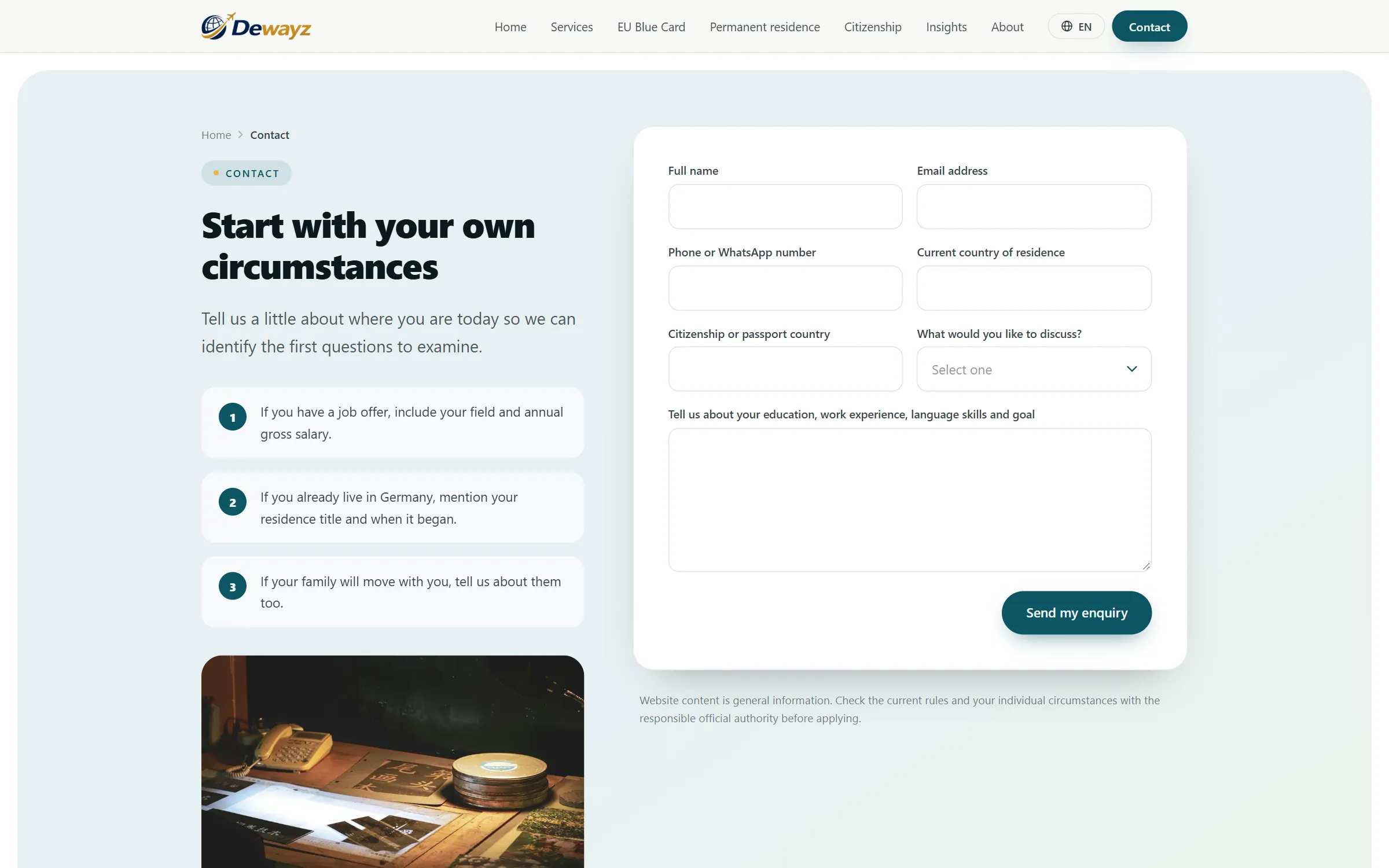 The English contact page: three prompts on what to include, beside a form for name, email, phone, country of residence, citizenship, topic and message.
