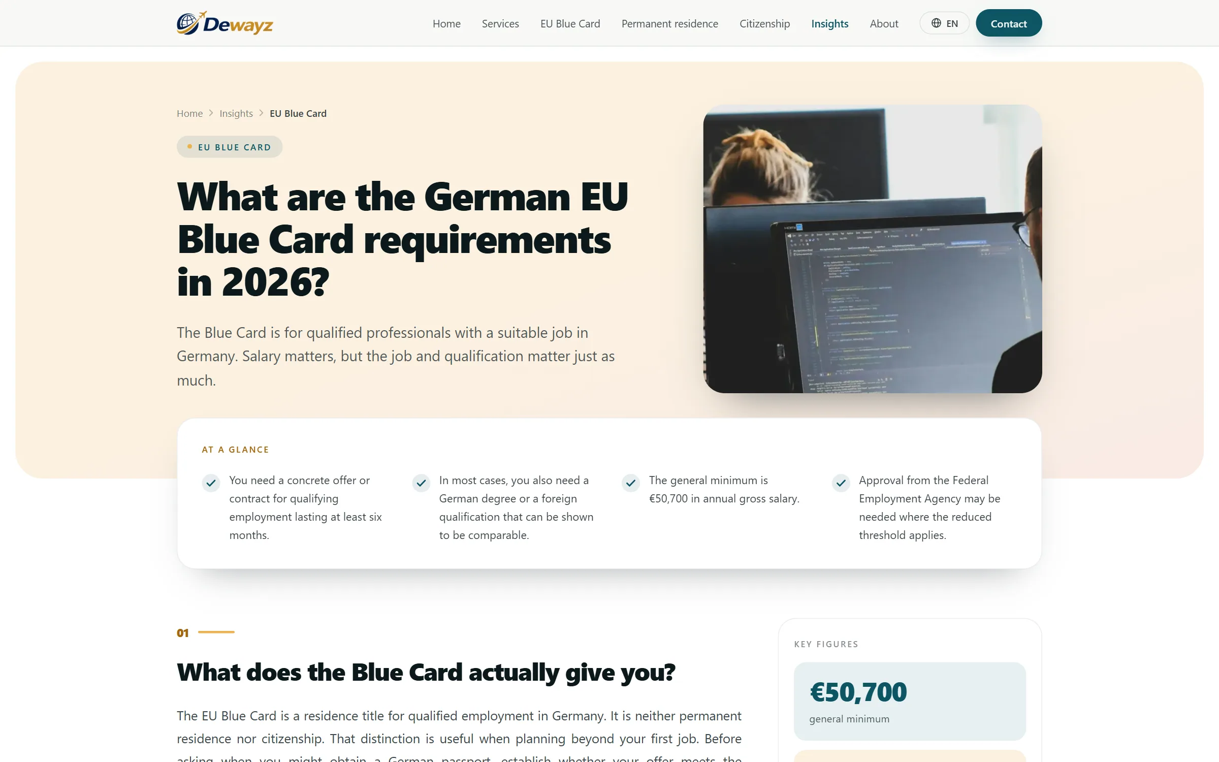 A Dewayz guide to the 2026 EU Blue Card requirements: an at-a-glance card under the headline and a rail of key figures beside the text.