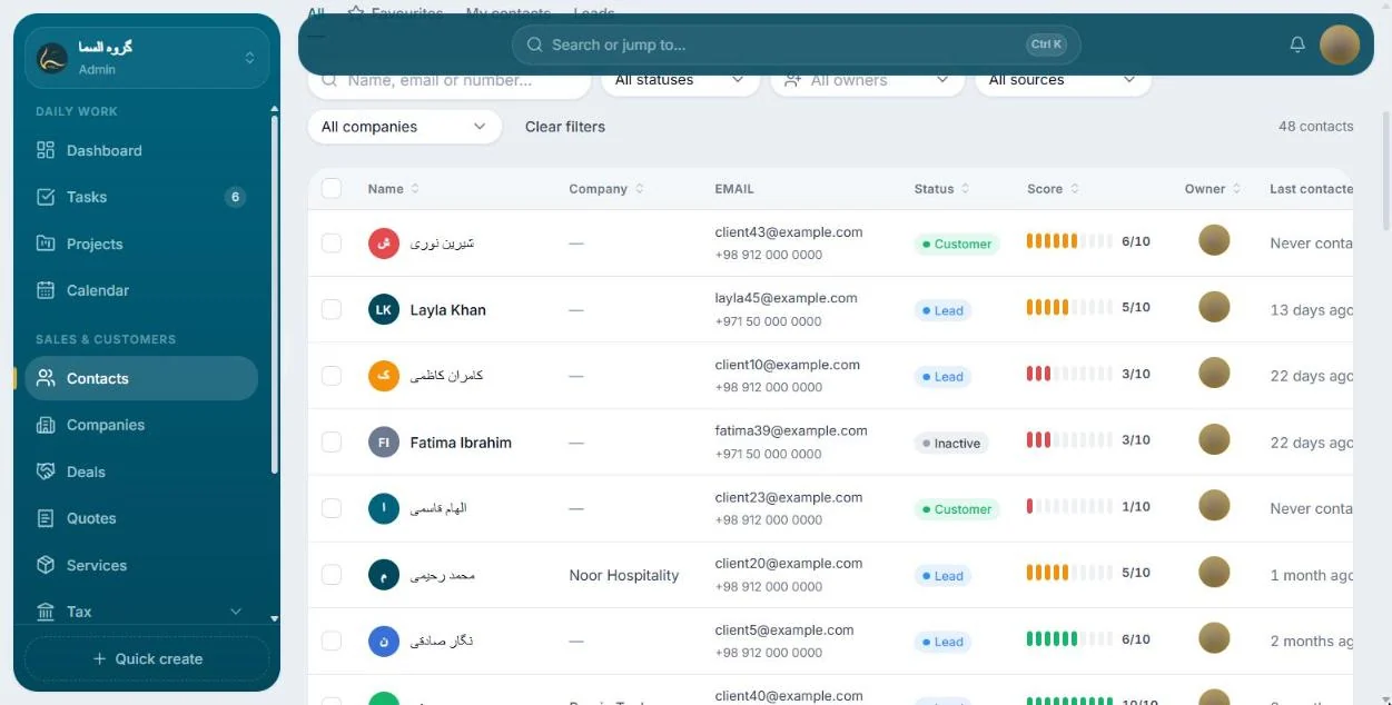 فهرست مشتریان: هر مشتری نمونه با شرکت، ایمیل، وضعیت، امتیاز از ده، مسئول و آخرین تماس، زیر فیلترهای وضعیت، مسئول و شرکت.