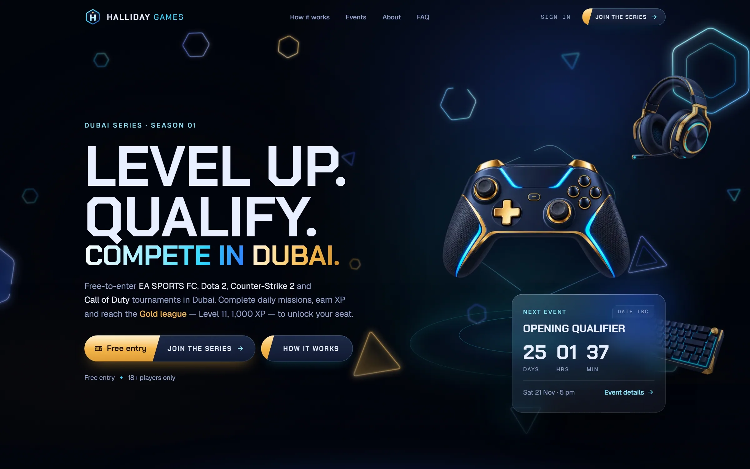 الصفحة الرئيسية لـ Halliday Game، وفيها يد ألعاب ثلاثية الأبعاد فوق دعوة التسجيل في الموسم.