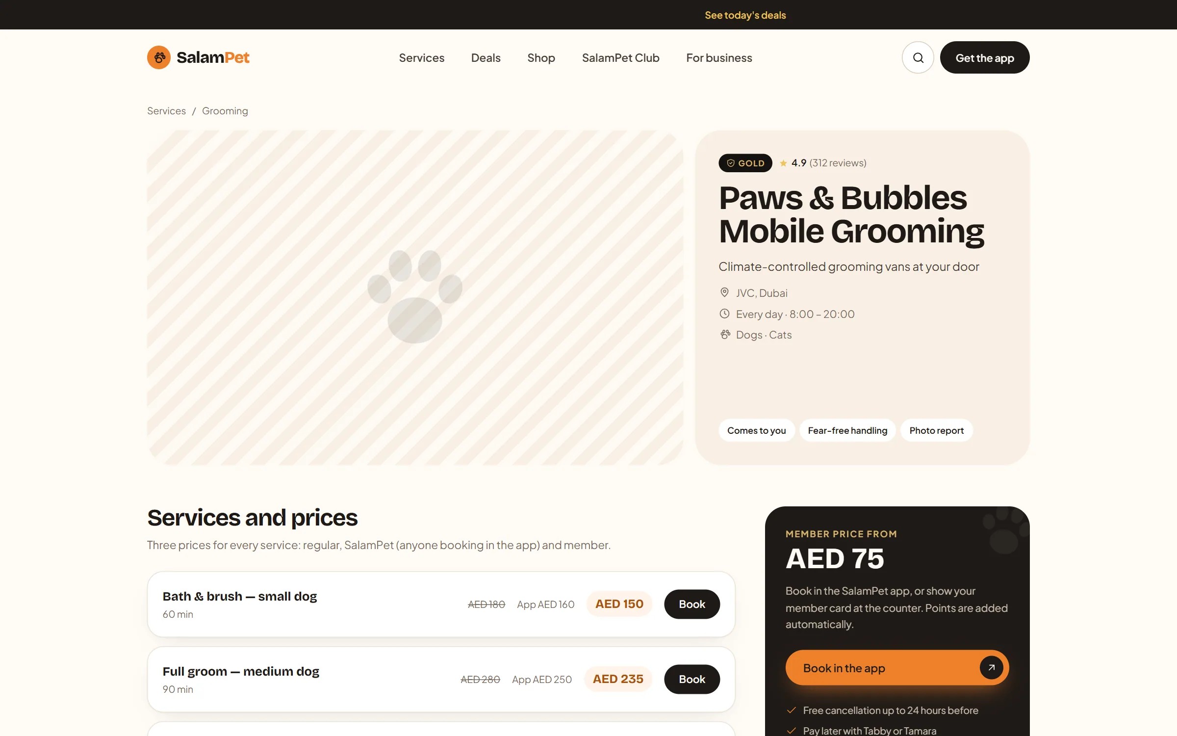 A sample grooming business page: its level, rating and tags, and its services, each listed with a regular, an app and a member price.