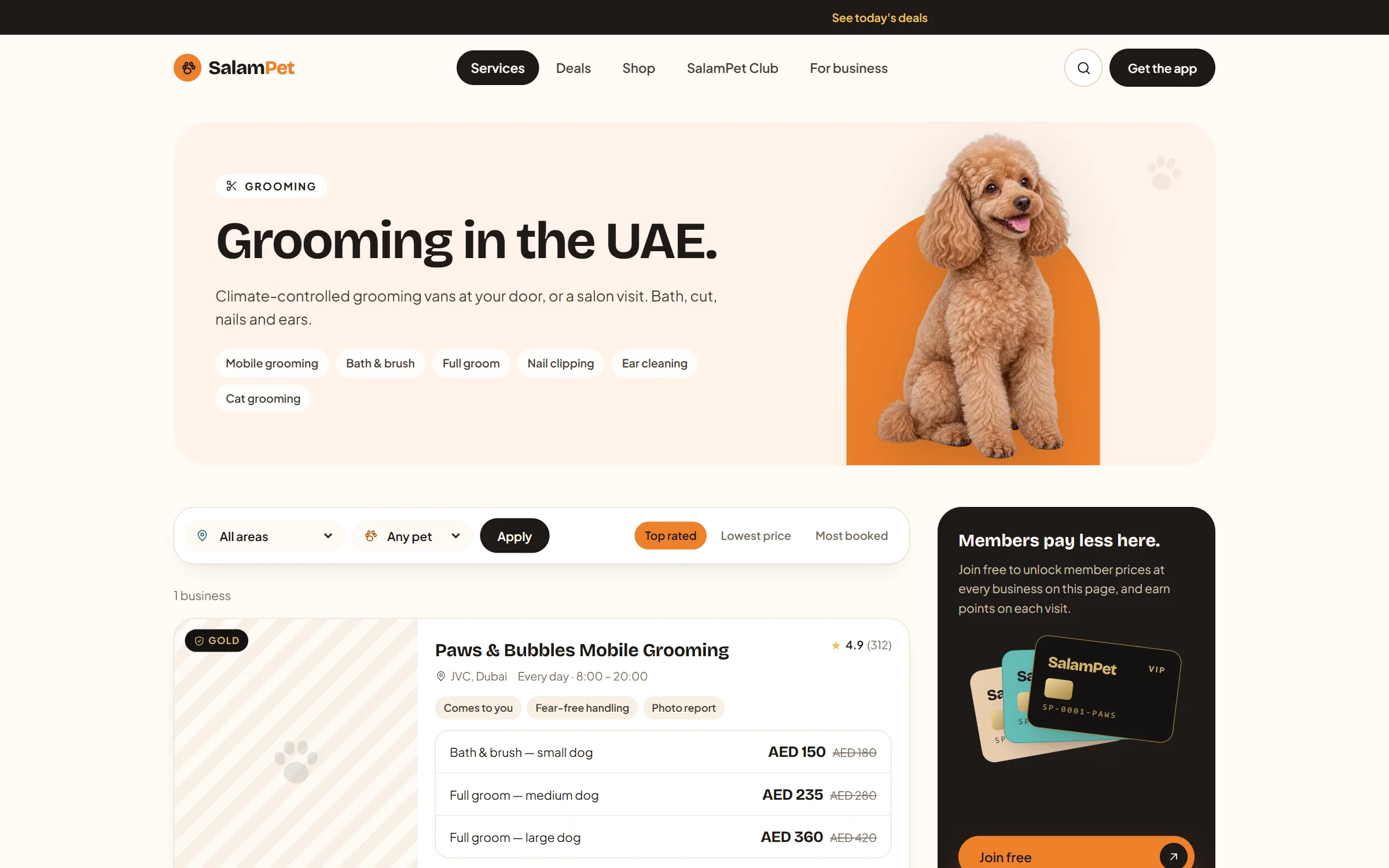 The Grooming page: a poodle on an orange arch above filters for area, pet and order, with a sample grooming business listed below.