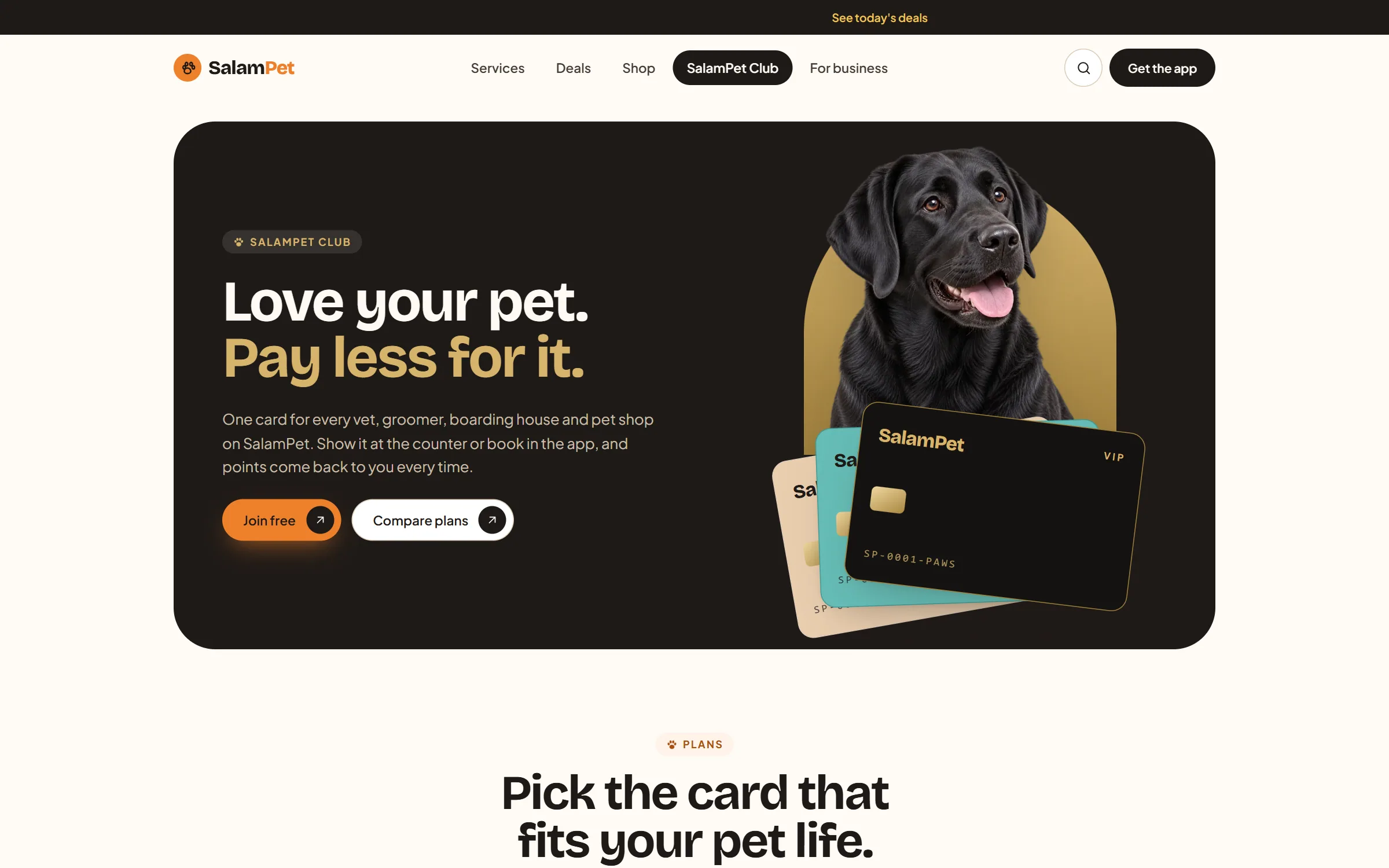The SalamPet Club page: the headline “Love your pet. Pay less for it.” beside a black Labrador on a gold arch and a fan of member cards.