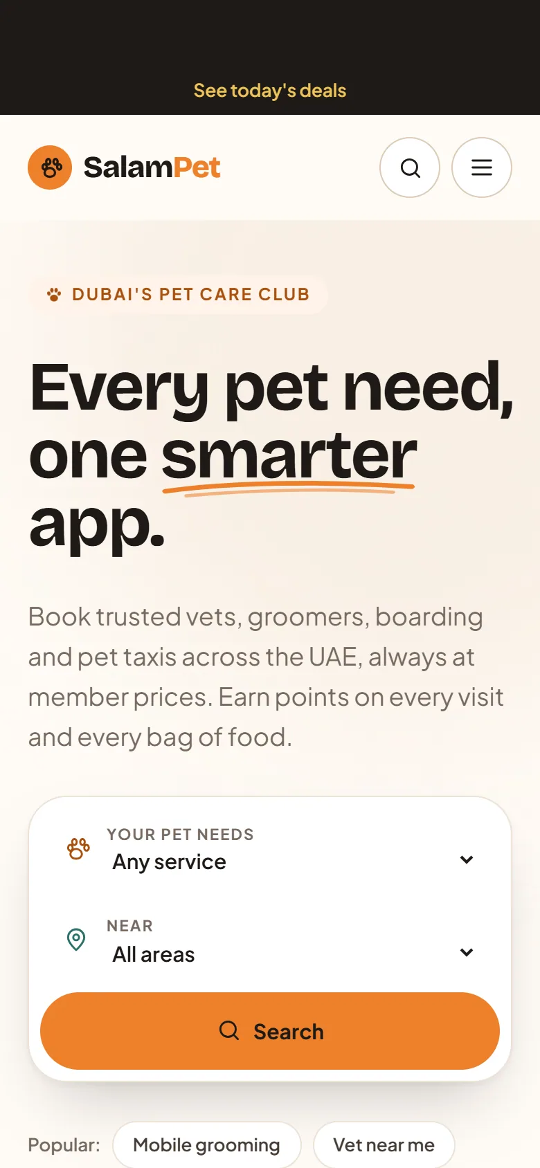 The home page on a phone, the menu folded behind a button.