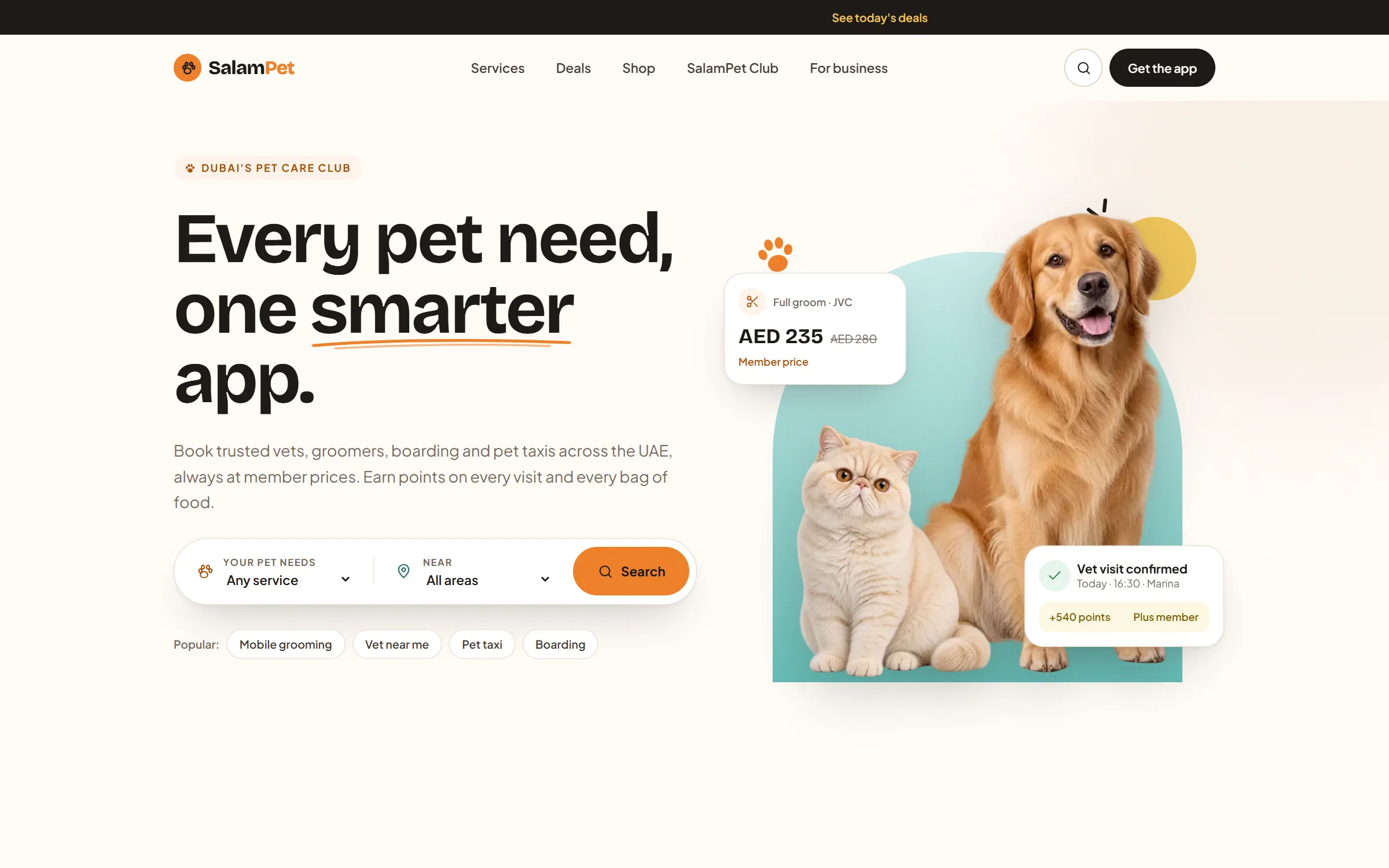 SalamPet homepage: the headline “Every pet need, one smarter app.” beside a golden retriever and a cat on a blue arch, with cards for a member price and a confirmed vet visit.
